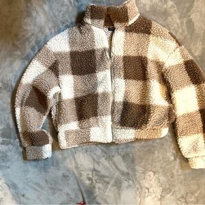 SHEIN Textured Sherpa Jacket in Brown and Cream